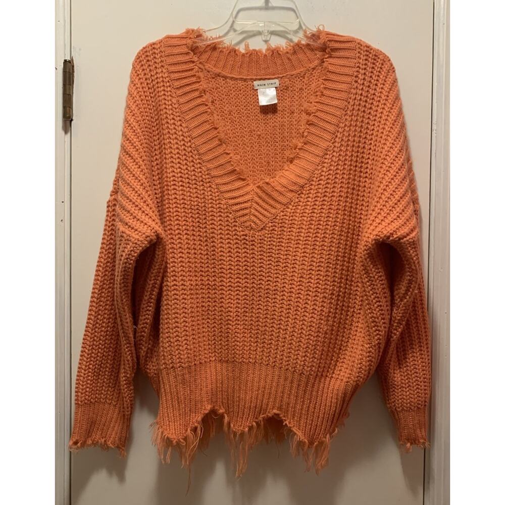 Main Strip Sweater Womens Medium Coral Shredded Waffle Knit Cropped
